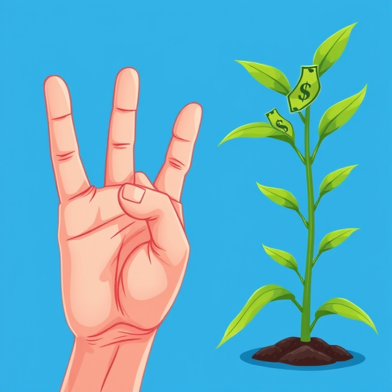 Create an illustration of a hand signaling "OK" next to a green plant with dollar bills growing from it, using bright blue background; camera settings: f/2.8, ISO 100, shutter speed 1/200s; camera view: close-up; camera style: vibrant colors; camera type: digital DSLR.