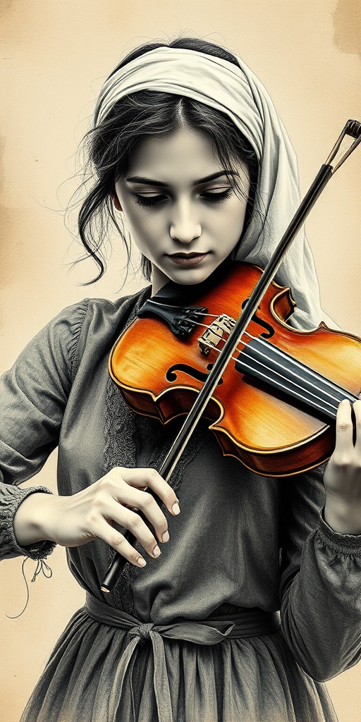 a young Turkish woman with a white headband playing a violin, in the style of a charcoal drawing, sepia grunge background