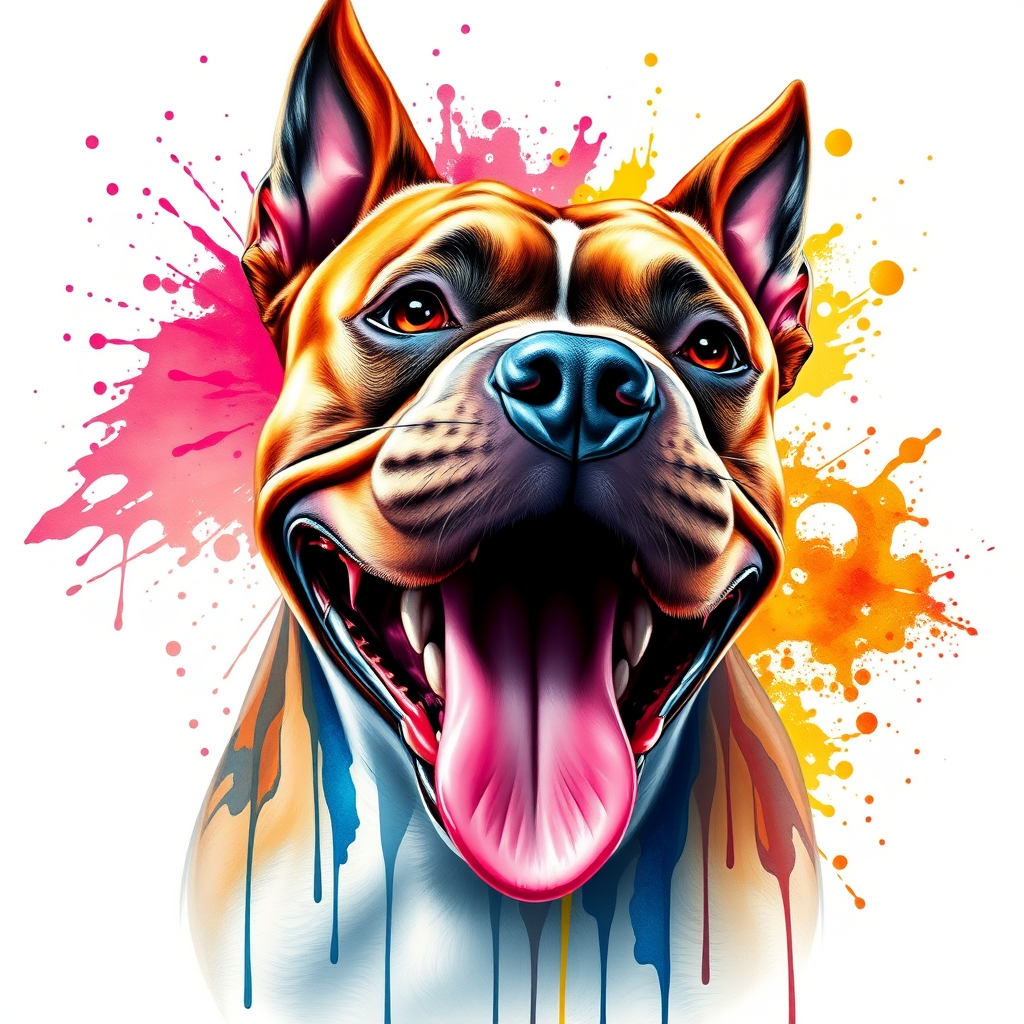 Create a hyper-detailed splash art of an American Bully dog's head on a clean white background. The design should include vibrant color splashes and drips in complementary colors, focusing on the tongue and eyes, expressive features and intricate contours. The dog's expression should be intense, almost roaring, and the overall composition should be different positions, feel fantastic and dynamic, as if a part of a digital fantasy artwork would be rendered in an 8k resolution, inspired by a mix of oil painting techniques and a stylized, epic Instagram aesthetic.