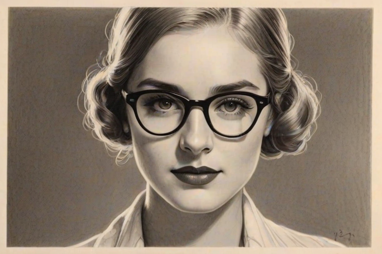 Enticing Veronica Dunne, pencil sketch, portrait of Elegant woman 1925s in glasses, hair style beatnik, outline, clear lines, fine lines, 8k