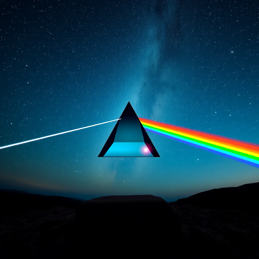 Create a vibrant digital artwork of a prism dispersing light into a rainbow against a starry sky, using a Canon EOS R5 camera with a 24mm lens, aperture f/8, ISO 100, and a long exposure of 5 seconds, capturing a panoramic view with vivid colors and high contrast.