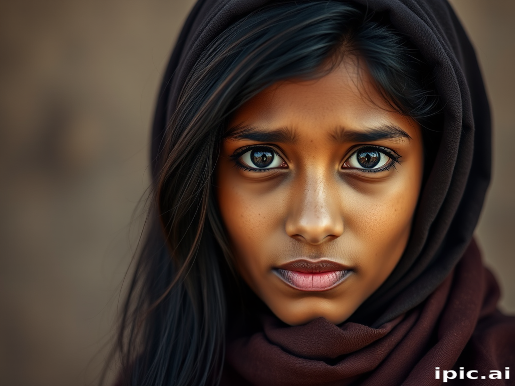 Create a portrait of a young Sri Lankan woman with long, dark hair and captivating hazel eyes. She is wearing a dark headscarf and a matching scarf draped gracefully around her neck. The background is softly blurred, focusing attention on her serene and natural expression. The overall color palette is muted and warm, enhancing the intimate and authentic feel of the portrait.
