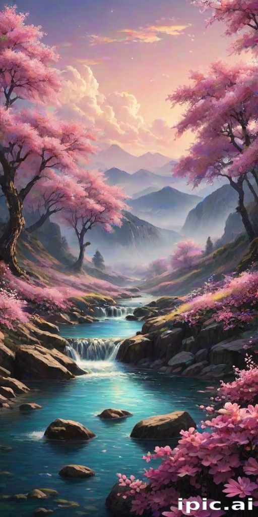 Serene Landscape of Cherry Blossoms by a Tranquil Mountain Stream