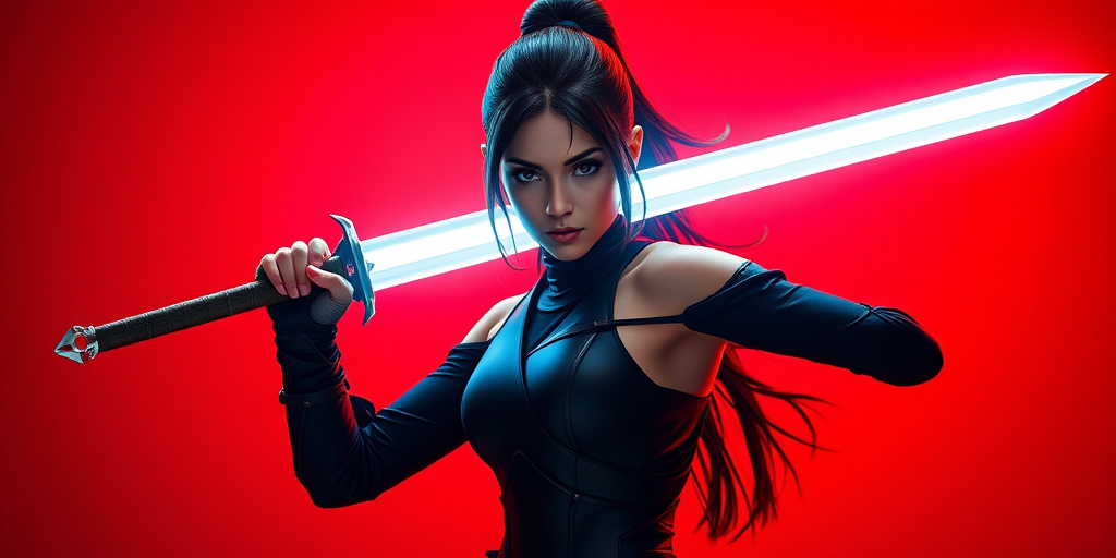 female warrior in a sleek black outfit wielding a glowing sword, dramatic red background, soft lighting, high resolution, 50mm lens, f/2.8 aperture, ISO 100, studio portrait style, DSLR camera
