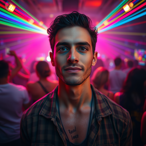 Regenerate an image of a confident man in a colorful party scene with vibrant laser lights and dancing people, captured with a Canon EOS R5, 50mm lens, f/1.8 aperture, ISO 200, in a well-lit environment to emphasize detail and clarity.