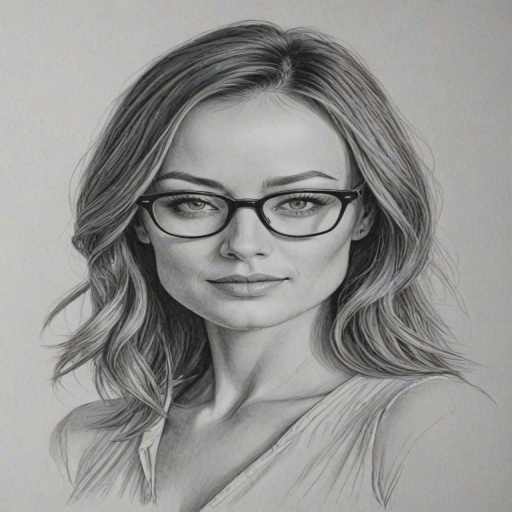 Bewitching Olivia Wilde, pencil sketch, portrait of Wonderful woman 1935s in glasses, hair style beatnik, outline, clear lines, fine lines, 8k
