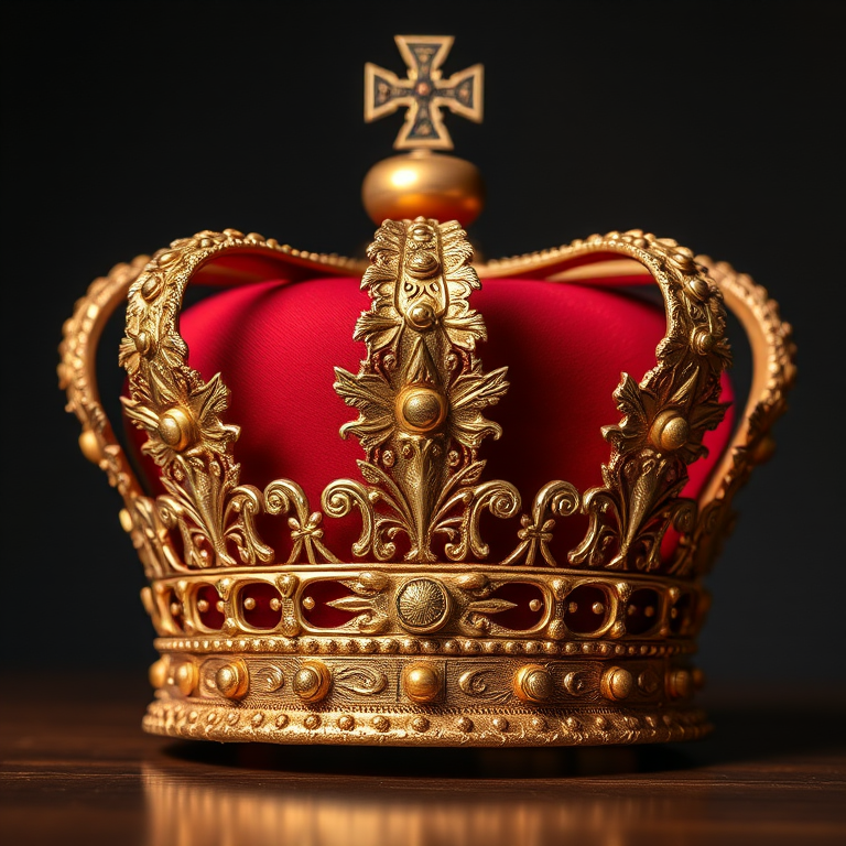 Generate a high-resolution image of a royal crown with intricate details, using a 50mm lens, f/1.8 aperture, ISO 100, with soft diffused lighting, frontal view, DSLR camera style.