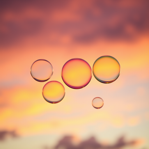 Create an image of colorful soap bubbles floating against a vibrant sunset sky with soft clouds, using a DSLR camera with a 50mm lens, aperture set to f/2.8, shutter speed at 1/200s, ISO 100, capturing a shallow depth of field for enhanced detail and clarity.