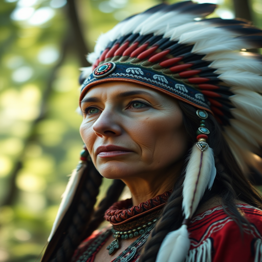 portrait of a Native American woman wearing a traditional feather headdress, soft natural lighting filtering through trees, focal length 85mm, aperture f/1.8, ISO 200, shallow depth of field, captured with a full-frame DSLR