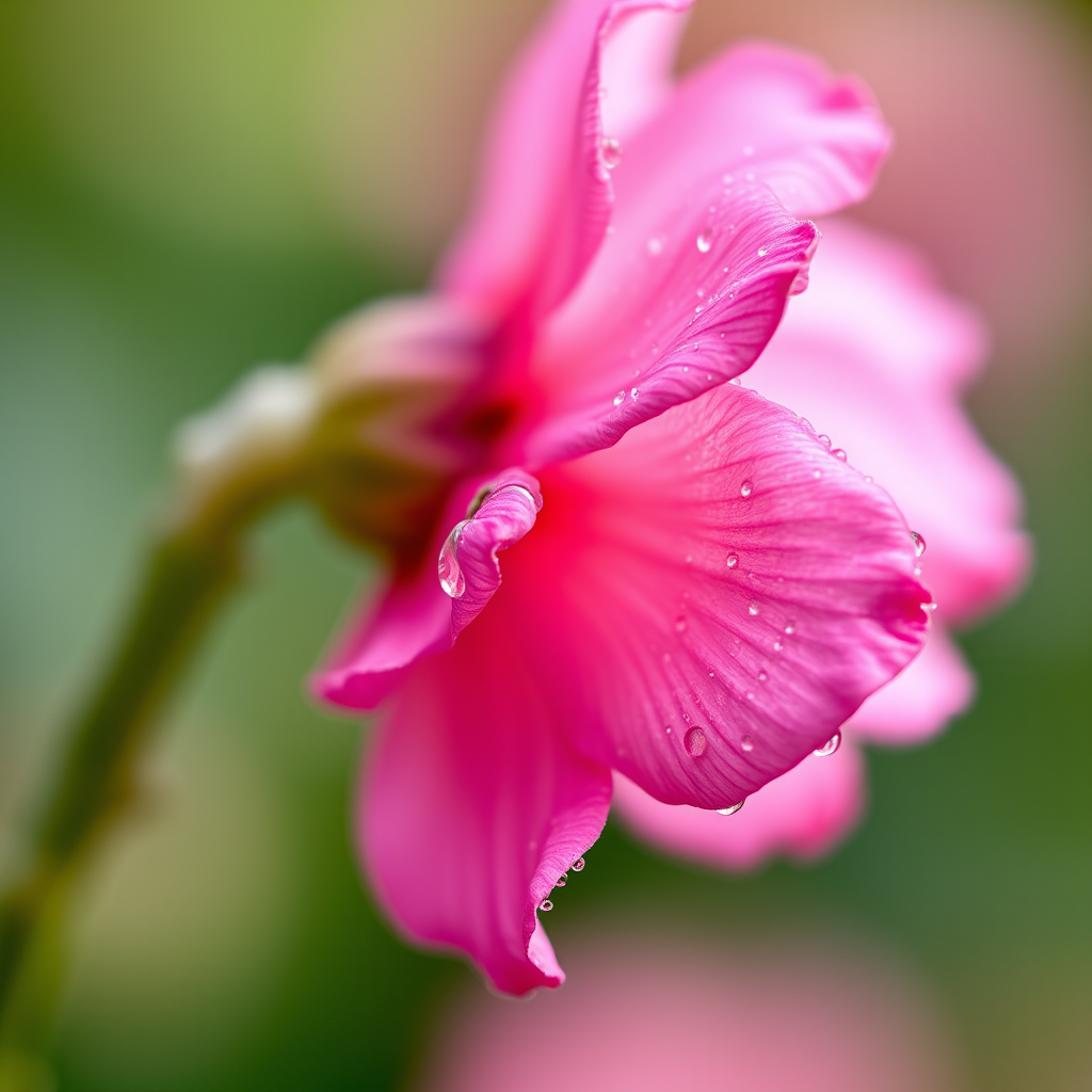 Close-up of a pink flower with dew drops, soft bokeh background, macro photography, f/2.8 aperture, 100mm lens, ISO 200, 1/200 sec shutter speed, natural light.