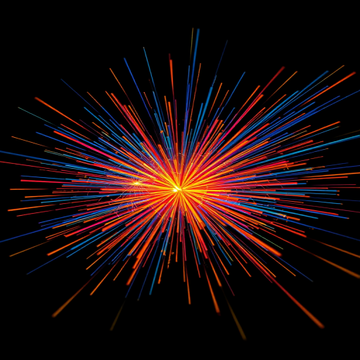 a vibrant burst of colors with streaks of blue, orange, and yellow radiating from the center against a black background, captured using a Canon EOS R5, aperture f/8, shutter speed 1/60s, ISO 400, wide-angle lens, HDR style, focus on central explosion for depth