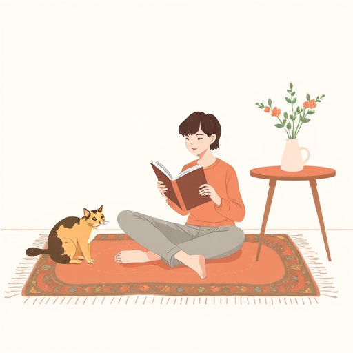 Create an illustration of a person sitting cross-legged on a rug, reading a book, with a cat beside them, a table with a flower pot and a cup of tea nearby, use a soft color palette, focus on a cozy atmosphere, camera settings: f/2.8 aperture, ISO 100, shutter speed 1/60, camera view: eye level, camera style: minimalist, camera type: digital illustration.