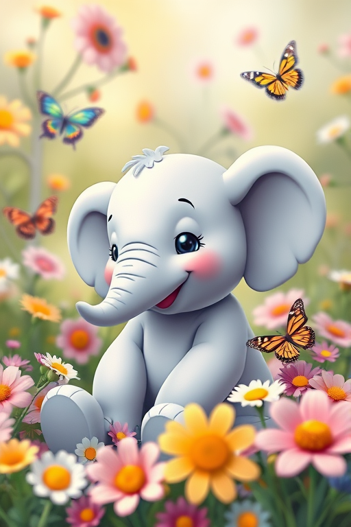 A cute cartoon elephant sitting among colorful flowers and butterflies, soft pastel colors, vibrant details, shot with a Canon EOS R, 50mm lens, f/2.8 aperture, ISO 100, natural light for a bright and cheerful atmosphere.