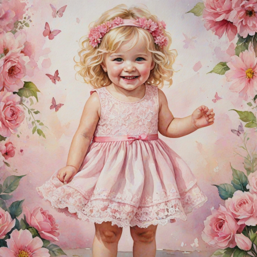 hyperrealism happy smiling toddler girl with messy wavy blonde hair with a headband, she is wearing a pink and white lace dress with pink and white shoes, she is holding a pink bouquet of flowers. Pink flowers and butterflies. summer background. Watercolor Highly detailed