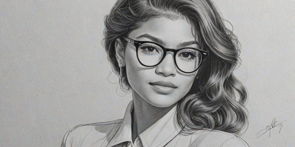 Wonderful Zendaya, pencil sketch, portrait of Elegant woman 1943s in glasses, hair style beatnik, outline, clear lines, fine lines, 8k