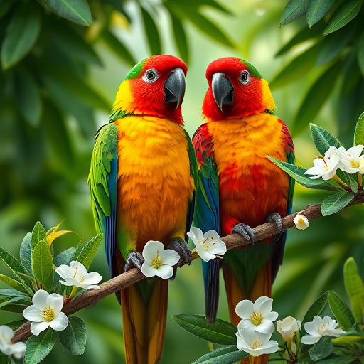 regenerate a vibrant illustration of two colorful parrots perched on branches amidst lush green leaves and white flowers, shot with a macro lens at f/2.8, ISO 100, 1/200s shutter speed, in a soft natural light setting using a DSLR camera for enhanced detail and clarity