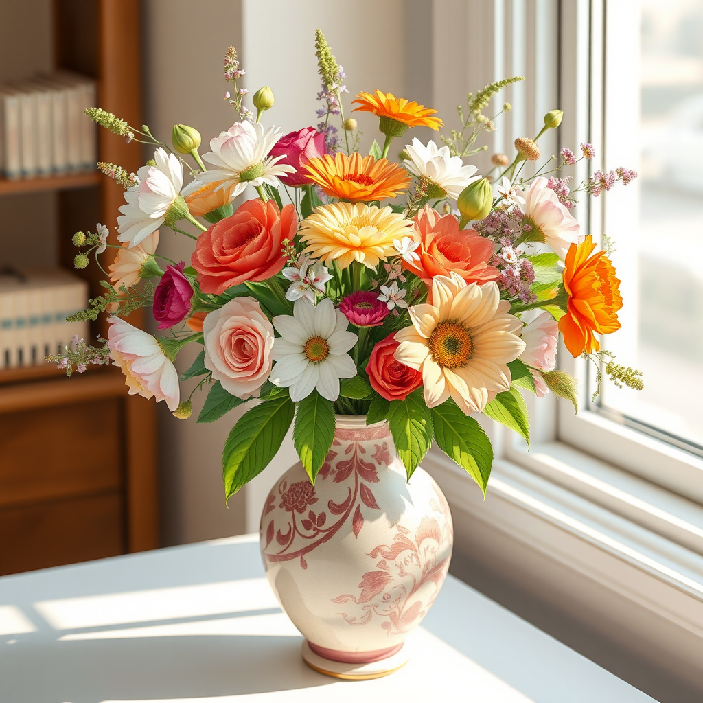 Create a detailed illustration of a floral arrangement in a decorative vase, using a high-resolution digital camera with a 50mm lens at f/2.8, ISO 100, taken from a top-down view with soft natural lighting.