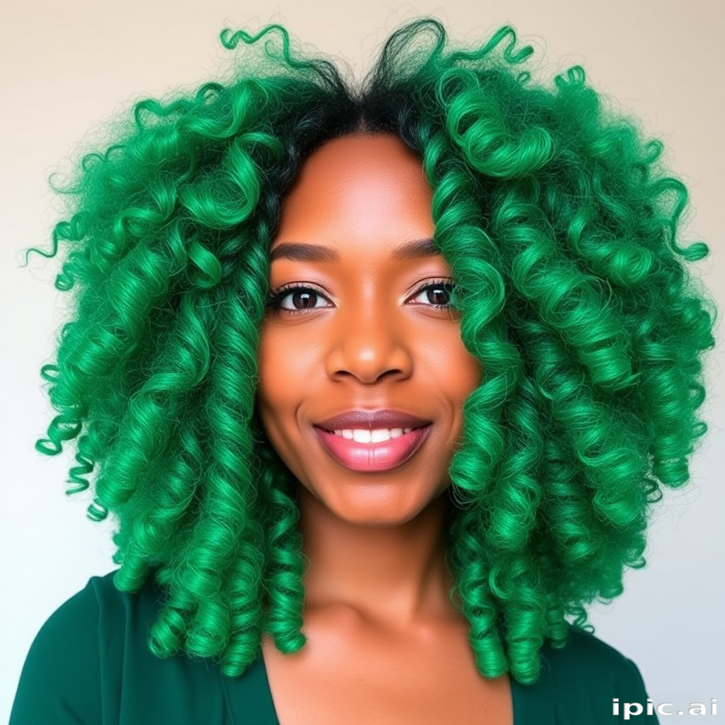 Bold emerald green hair color in a voluminous curly afro, Verdant Crown style, celebrating natural texture with defined coils and a vibrant jewel-toned hue