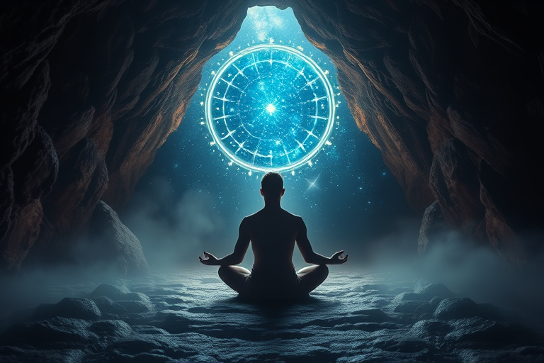 Create a high-resolution digital artwork of a serene figure meditating in a dark cave, illuminated by a radiant cosmic portal with starry patterns, use a Canon EOS R5 camera with a 24mm lens, f/1.8 aperture, ISO 100, and a soft focus effect to enhance the ethereal atmosphere.