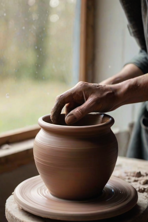Close-up of a pair of hands crafting a clay pot on a pottery wheel, soft natural light from a nearby window illuminating the spinning clay, with splatters of wet clay softly blurred in the background.
