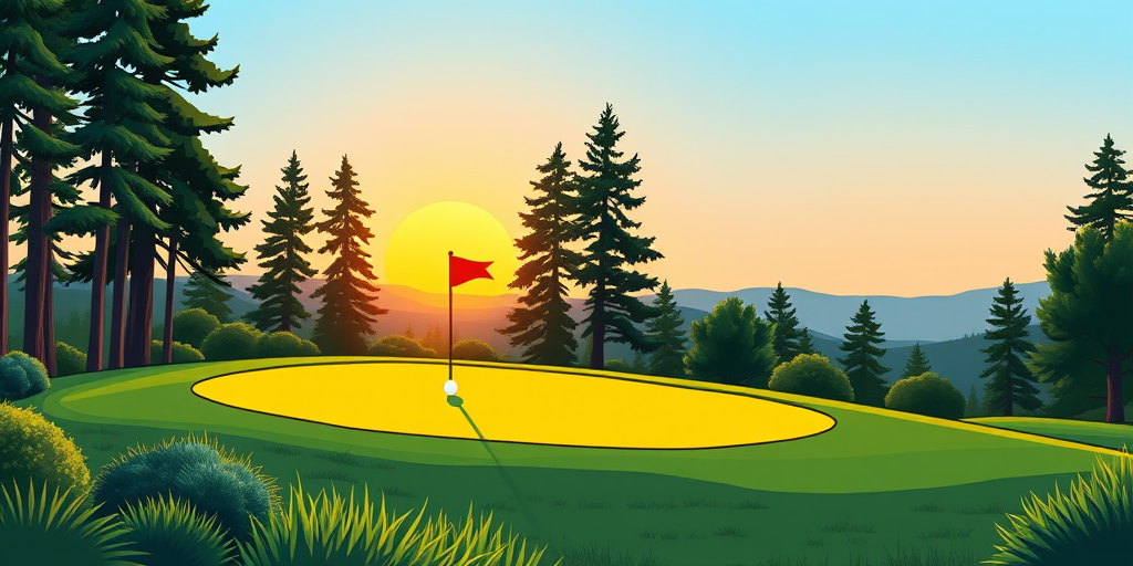 A vibrant cartoon-style illustration of a golf hole with a red flag on a green hill, surrounded by tall pine trees and bushes, under a bright blue sky with a setting sun in soft orange, captured with a DSLR camera, aperture f/8, ISO 100, focal length 35mm, shot from a low angle to emphasize the landscape.