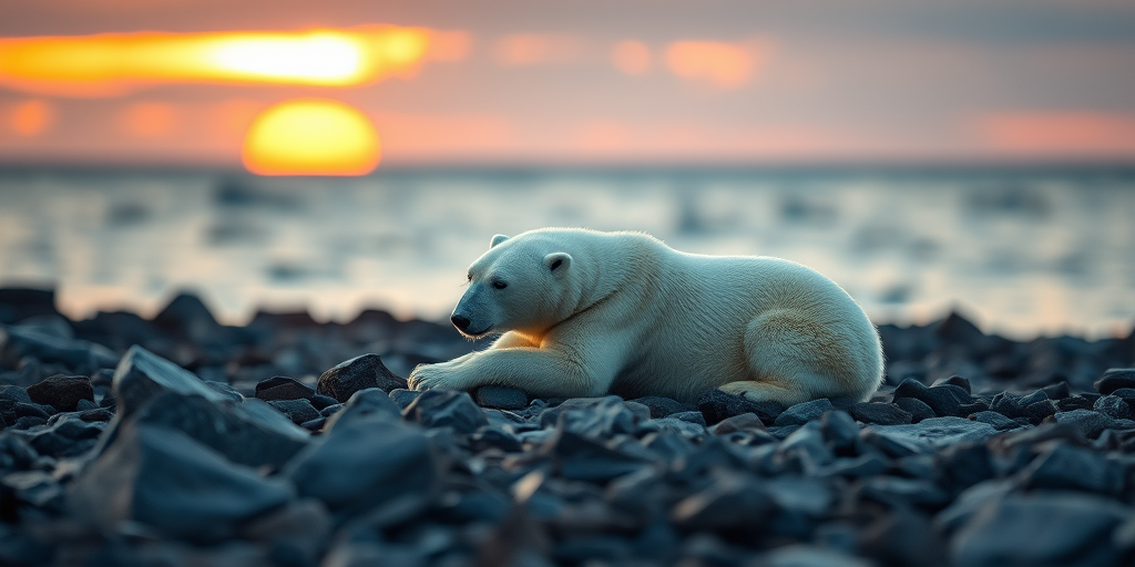 polar bear resting on rocky shore at sunset, 50mm f/1.8 lens, aperture f/8, ISO 200, shutter speed 1/250 sec, soft focus background, natural lighting, DSLR camera
