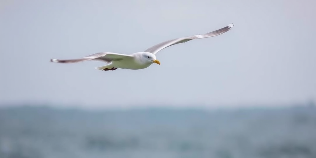 Capture a high-resolution image of a seagull in flight against a soft, blurred background, using a DSLR camera with a 300mm lens, aperture set to f/5.6, shutter speed 1/1000s, ISO 400, shooting in RAW format for enhanced detail and clarity.