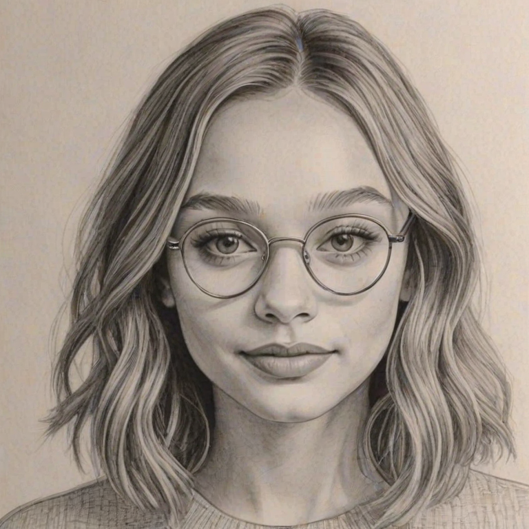 Attractive Maddie Ziegler, pencil sketch, portrait of Splendid woman 1961s in glasses, hair style beatnik, outline, clear lines, fine lines, 8k
