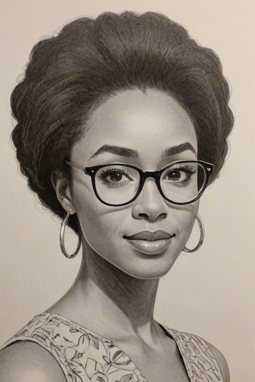 Delightful Simone Missick, pencil sketch, portrait of Charming woman 1960s in glasses, hair style beatnik, outline, clear lines, fine lines, 8k