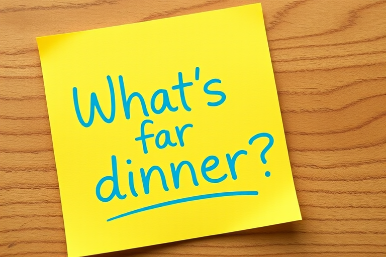Yellow post-it note, hand written in cyan pen text "What's for dinner??", 3d, hd, hyper realistic,
