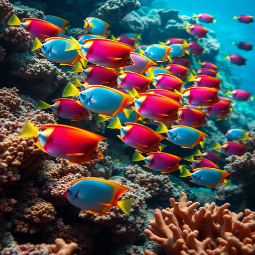 vibrant schools of colorful, stylized fish swimming through a lush coral reef, high detail, macro lens, aperture f/2.8, shutter speed 1/200s, ISO 100, 85mm focal length, soft-focus background for depth, high-resolution digital photography