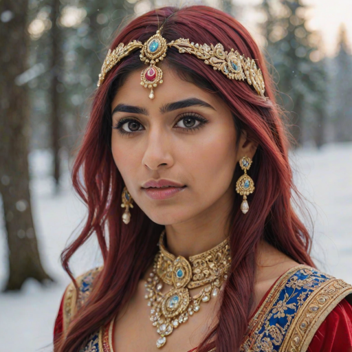 mia khalifa with long, flowing red hair, wearing a traditional, ornate red and blue costume with gold accents and intricate embroidery, stands facing the viewer in a close-up portrait. Her hair is styled in a high ponytail and adorned with a pair of golden, winged hairpieces. She wears gold earrings and her makeup is accented with light pink blush and a bright red lip. She has a soft and slightly melancholic expression, with her eyes looking directly at the camera. The background is a blurred, out-of-focus snowy landscape, with the woman in the foreground. The lighting is soft and natural, creating a warm, intimate atmosphere. The image is composed using a shallow depth of field, with the woman as the main focal point. The overall style is elegant, delicate, and fairytale-like.