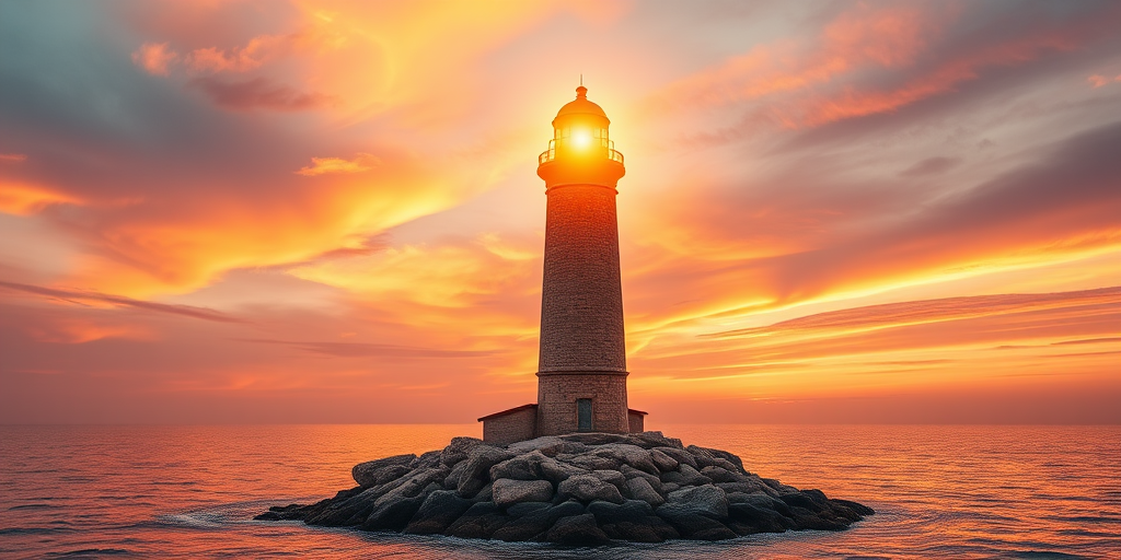 Generate an image of a tall lighthouse perched on a rocky outcrop surrounded by calm ocean waters during a breathtaking sunset. The lighthouse stands sturdy and weathered, its stone surface illuminated by the warm golden light of the setting sun. The sun's rays pass directly through the glass lantern room at the top of the lighthouse, casting a brilliant light across the scene. The sky is painted with vibrant shades of orange, pink, and purple, reflecting off the tranquil sea. The surrounding water shimmers with the same warm hues, creating a serene and majestic atmosphere.