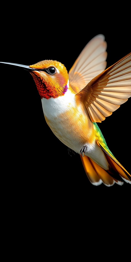 Regenerate a detailed illustration of a golden hummingbird in flight, vibrant metallic sheen, with intricate feather patterns, using a high-resolution digital camera with a 50mm lens, aperture f/2.8, ISO 100, soft lighting and a black background for contrast.