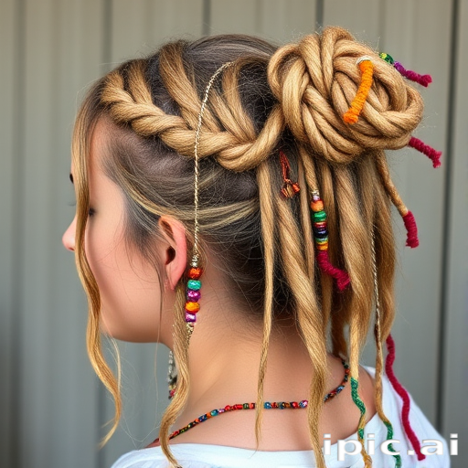 Bohemian-inspired dirty blonde dreadlocks adorned with colorful threads and beads, styled in a half-up bun for a free-spirited and artistic look