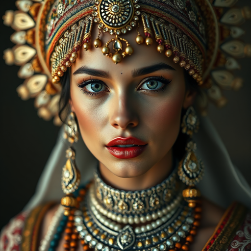 a highly detailed portrait of a woman adorned with intricate jewelry and an elaborate headdress, soft diffused lighting, shallow depth of field, DSLR camera, 50mm lens, ISO 100, f/1.8, high resolution, vibrant colors, hyper-realistic style