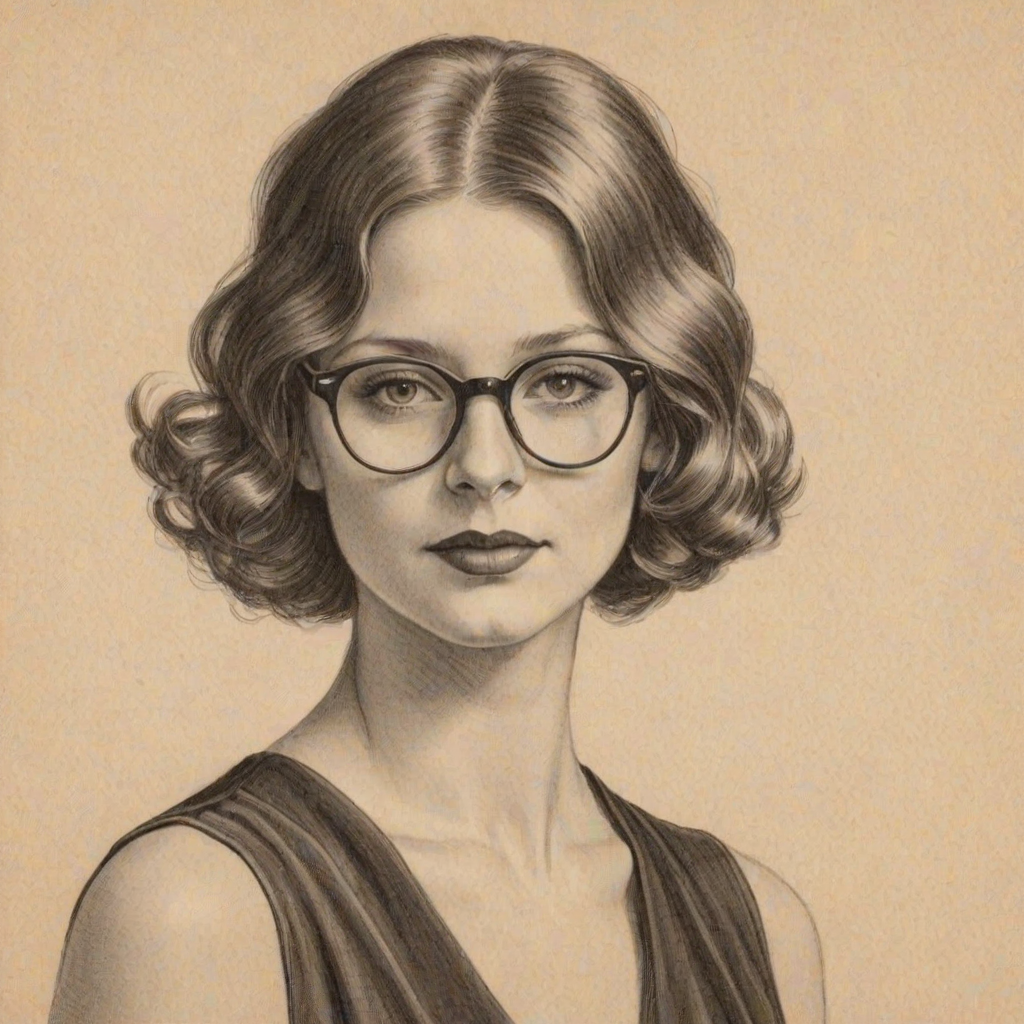 Splendid Rachel Nichols, pencil sketch, portrait of Pleasing woman 1920s in glasses, hair style beatnik, outline, clear lines, fine lines, 8k