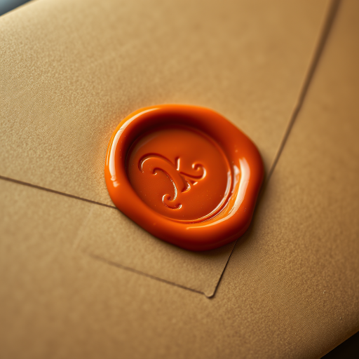 Create a high-resolution image of an orange wax seal on a textured brown envelope, captured with a Canon EOS R5, f/2.8 aperture, 50mm lens, in natural light, emphasizing detail and depth.