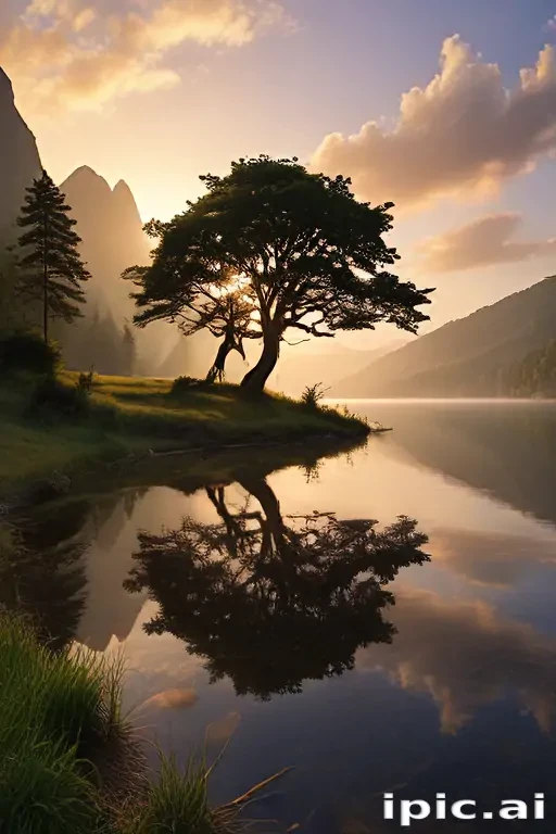 Serene Sunrise Reflection of a Lone Tree by the Tranquil Lake