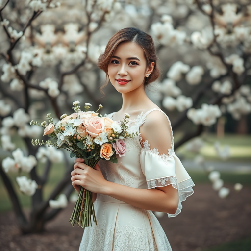 create a vintage-inspired portrait of a woman holding a bouquet of flowers while wearing an elegant dress with lace details, set against a backdrop of flowering trees, in soft pastel colors, with a shallow depth of field, using a Canon EOS R5, 50mm lens, aperture f/1.8, ISO 100, and natural lighting for enhanced image quality.