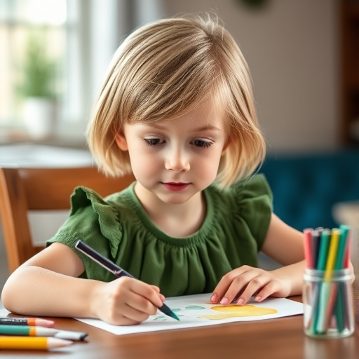a young girl with short blonde hair in a green dress sitting at a wooden table crafting with colored paper and markers, soft natural lighting, close-up view, DSLR camera, f/2.8 aperture, ISO 200, 50mm lens
