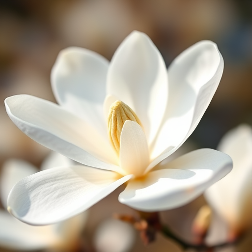 macro shot of a white magnolia flower with soft focus background, aperture f/2.8, shutter speed 1/200s, ISO 100, 50mm lens, natural light, DSLR camera, 45-degree angle view
