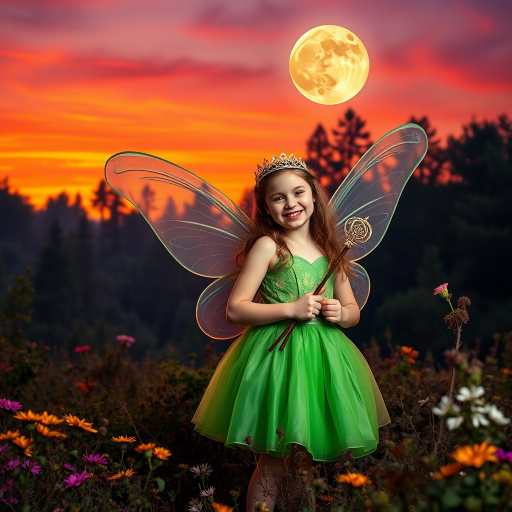A vivid photo  taken under a bright camera flash of a fantastical scene set against a backdrop of a forest during sunset. The main subject is a girl dressed as a fairy, adorned with translucent wings and a green dress, holding a wand, her face is happy, and she wears a crown on her head. The forest behind her is a blend of flowers, shrubs and trees. The sky is painted in hues of orange and pink, with a large, glowing moon casting a warm glow over the scene. The overall color palette is dominated by earthy tones.