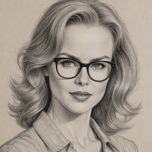 Graceful Nicole Kidman, pencil sketch, portrait of Magnificent woman 1952s in glasses, hair style beatnik, outline, clear lines, fine lines, 8k