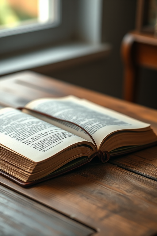 an open aged book with a leather strap resting on a wooden table, soft natural lighting, shallow depth of field, taken with a DSLR camera at 50mm f/1.8, ISO 200, 1/60 second exposure