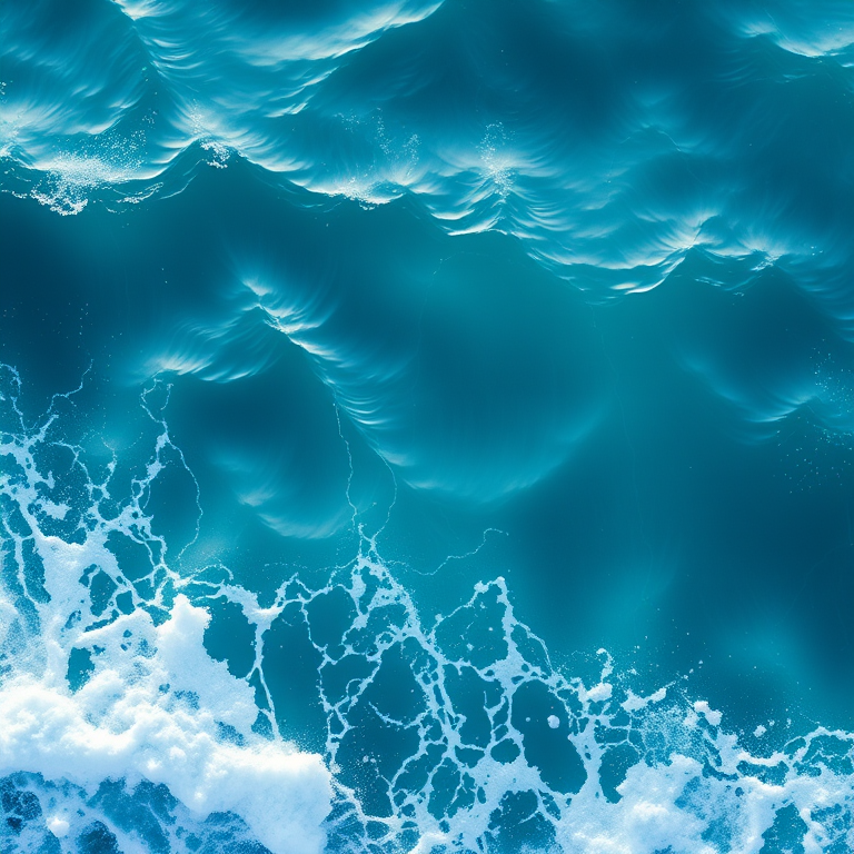 generate a vibrant digital illustration of ocean waves with varying shades of blue, using a Canon EOS R5 camera, 50mm lens, f/1.8 aperture, 1/2000 shutter speed, top-down view, enhanced contrast and saturation for a clean and modern look
