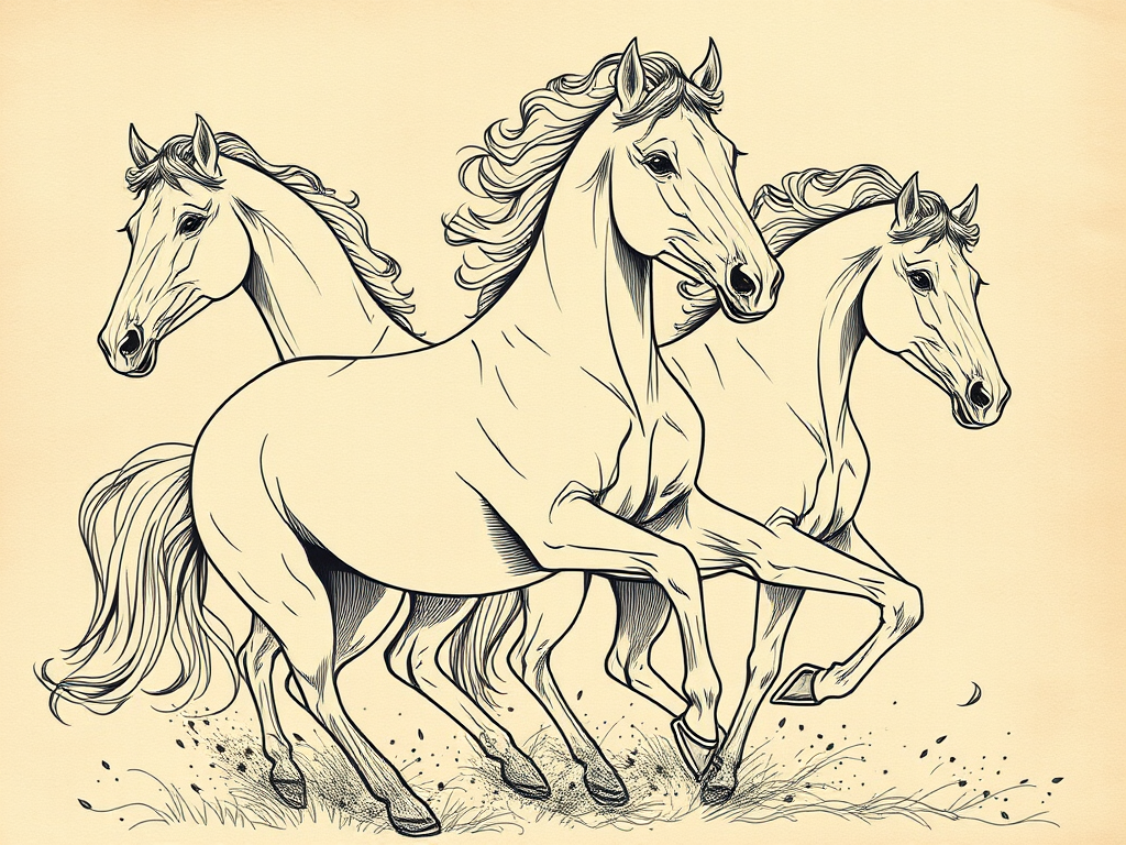 Create a highly detailed artistic illustration of three horses in motion with intricate line work and a vintage paper background, using a DSLR camera with a 50mm lens, aperture set to f/1.8, shutter speed 1/200s, ISO 100, shot from a low angle to emphasize the horses' strength and grace.