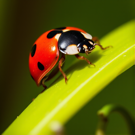 Close-up shot of a red ladybug with black spots resting on a vibrant green leaf, natural sunlight, aperture f/2.8, shutter speed 1/250s, ISO 100, macro lens 100mm, DSLR camera, shallow depth of field, focus on the ladybug, soft bokeh background.