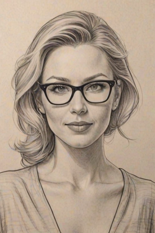 Superb Desi Lydic, pencil sketch, portrait of Charming woman 1945s in glasses, hair style beatnik, outline, clear lines, fine lines, 8k