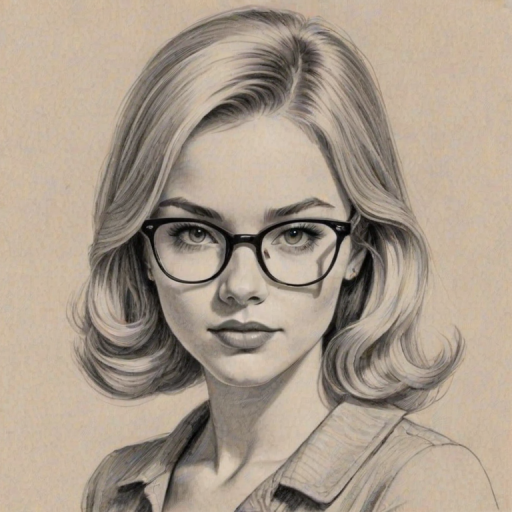Enticing Sierra McCormick, pencil sketch, portrait of Splendid woman 1960s in glasses, hair style beatnik, outline, clear lines, fine lines, 8k